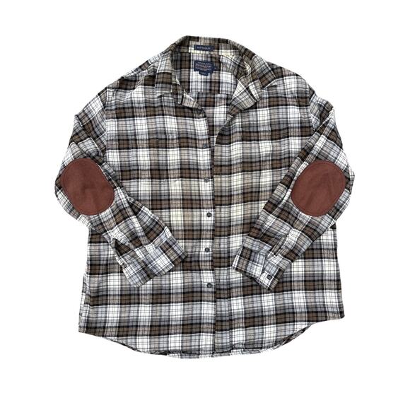 Pendleton Hawthorne plaid button up Black watch Tartan XL beige brwn elbow patch - Picture 1 of 7